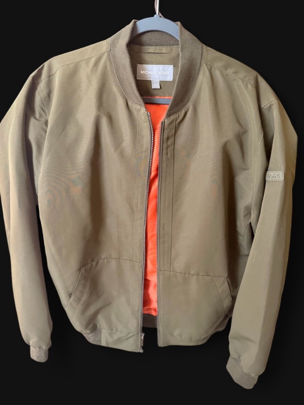 Michael Kors Men's Olive Green Bomber Jacket with Orange Lining
